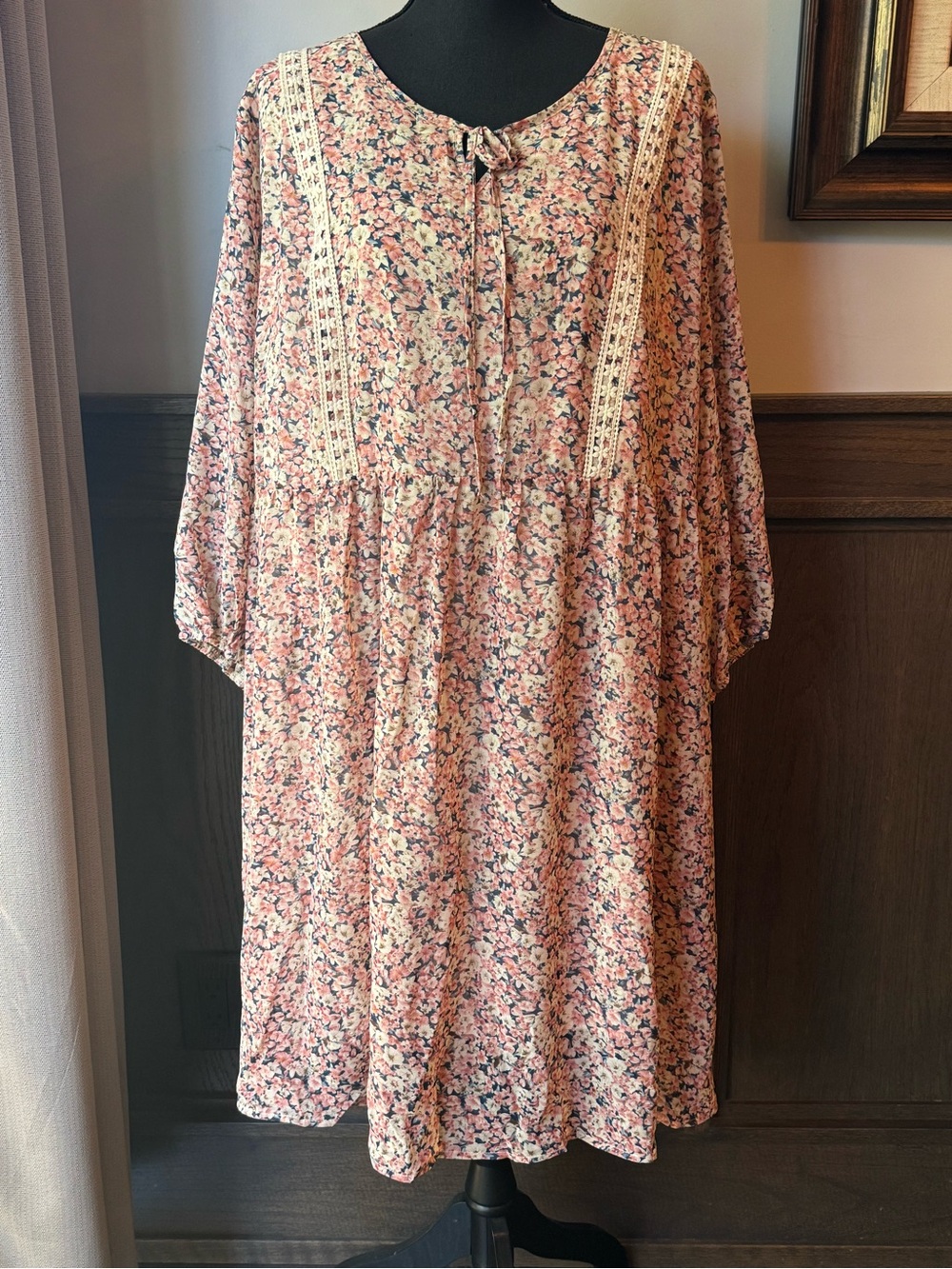Agnes Orinda Pink Floral Lace-Trim Long Sleeve Women's Dress 4X nwt